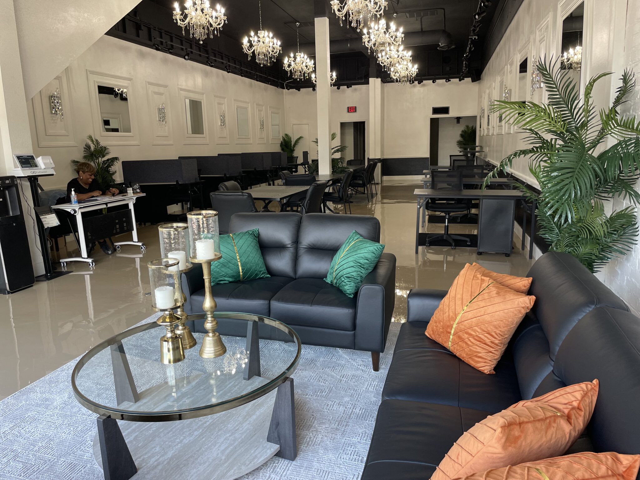 Lounge seating and collaborative work tables inside Eventive workspace
